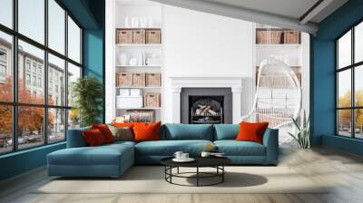 American style living room interior, wall mockup, 3d render Wall mural