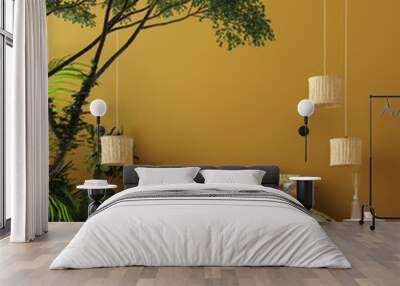 Bedroom interior in Bohemian style with patterned bed and floral corner, 3d render Wall mural