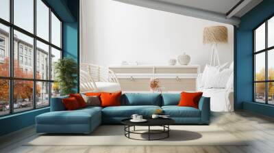 Cozy home interior background, Coastal style living room, 3d render Wall mural