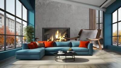 Dark living room loft with fireplace, industrial style, 3d render Wall mural