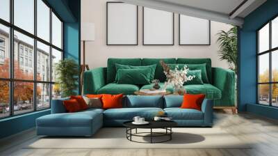 Frame mockup in modern interior background with dark green sofa, 3d render Wall mural