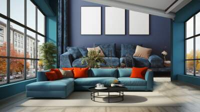 Home interior mock-up with blue sofa, table and decor in living room, 3d render Wall mural