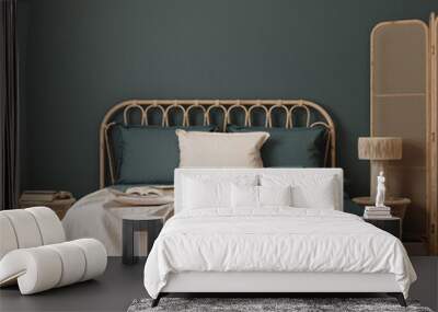 Home mockup, dark blue bedroom interior background with rattan furniture, 3d render Wall mural