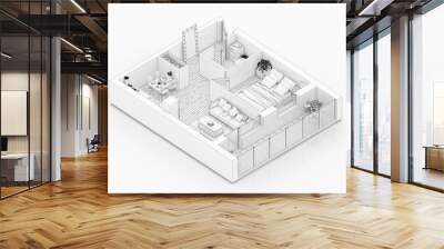 Line drawing floor plan on a white background, Mock up of furnished home apartment Wall mural