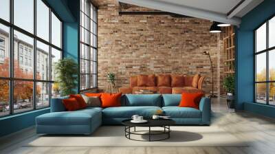 Living room interior in loft, industrial style, 3d render Wall mural