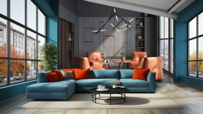 Living room interior in loft, industrial style, 3d render Wall mural