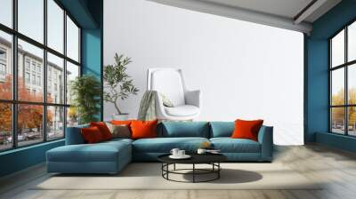 Living room interior with white sofa and flower, white wall mock up background, 3D render Wall mural