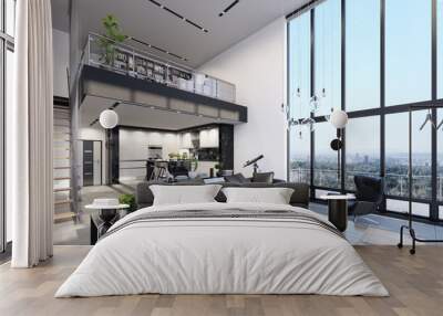 Luxury modern penthouse interior with panoramic windows, 3d render Wall mural