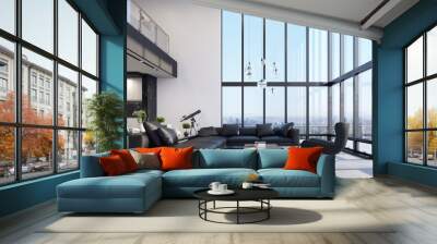 Luxury modern penthouse interior with panoramic windows, 3d render Wall mural