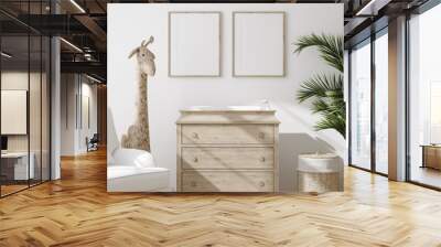 Mock up frame in children room with natural wooden furniture, Farmhouse style interior background, 3D render Wall mural