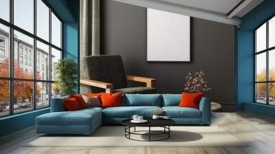 Mock-up frame in dark home interior with armchair and branch in vase, 3d render Wall mural