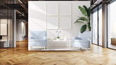 Mock up frame in home interior background, coastal style living room with marine decor, 3d render Wall mural