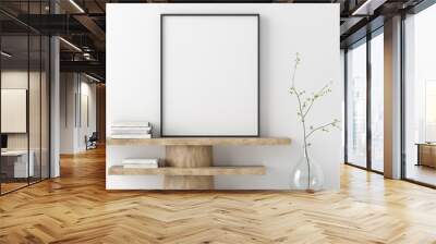 Mock up poster on wooden bench with branch in vase, 3D render Wall mural