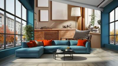 Mockup frame in cozy living room interior, 3d render Wall mural