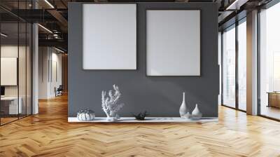 Mockup poster frame in dark living room interior background, 3d render Wall mural