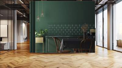 Modern dark deep green kitchen interior, wall mock up, 3d render Wall mural