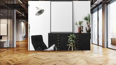 Poster, wall mockup in interior background with dark  furniture, industrial style, 3d render Wall mural