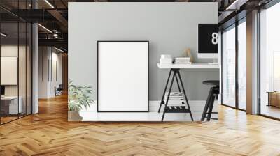 Poster mock up in home interior background, home office, Scandinavian style, 3d render Wall mural