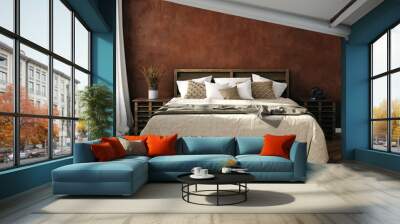 Simple and cozy bedroom interior, old  grunge brown wall, bed with linen blanket, 3d render Wall mural