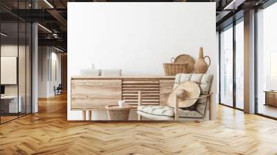 Wall mock up in white simple interior with wooden furniture, 3d render Wall mural