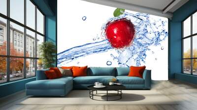 Red apple with leaf and water splash isolated on white Wall mural