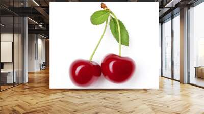 Red cherry with leaves on white Wall mural