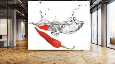 red pepper dropped into water with splash isolated on white Wall mural