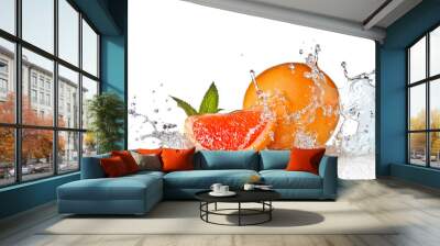 Water splash on grapefruit with mint isolated on white Wall mural