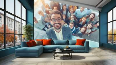 Realistic depiction of a group photo, new team member in the center, bright indoor light, smiling faces, detailed office setting, space for text, high angle, celebratory mood Wall mural