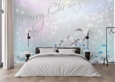 Christmas background with ribbons and shiny christmas baubles Wall mural