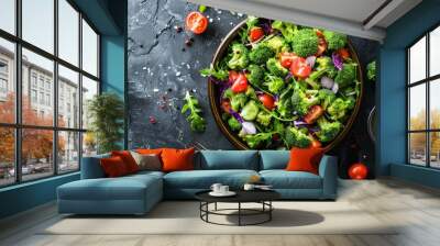 Delicious and healthy broccoli salad on rustic background Wall mural