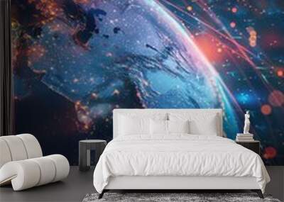 Globe with global connection lines and lights. Worldwide technology concept. Wall mural