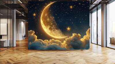 Golden crescent moon with stars and clouds on dark night sky background Wall mural