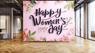 Happy Women's day - calligraphy lettering on background with flowers. Holiday greeting card, poster, banner concept. Wall mural