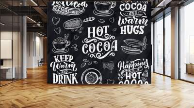 Hot cocoa hand lettering set with cup of cocoa, marshmallows. Hand drawn Christmas signs for cafe, bar and restaurant Wall mural