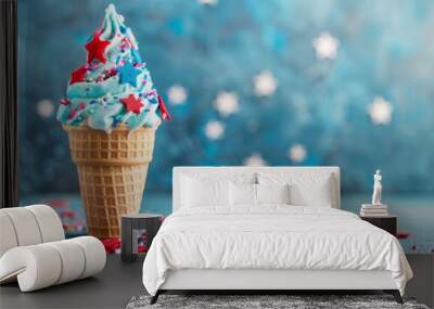 Ice cream cone with red and blue stars decoration. 4th of July holiday concept background Wall mural