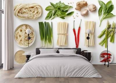 Ingredients for sushi arranged on white background, view from above Wall mural