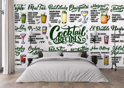 Lettering set of cocktails recipes. Template for card banner and poster for bar menu and restaurant Wall mural