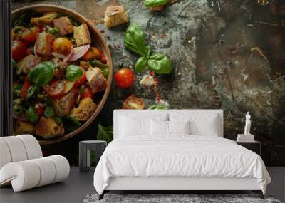 Panzanella - traditional Tuscan summer salad on rustic background Wall mural