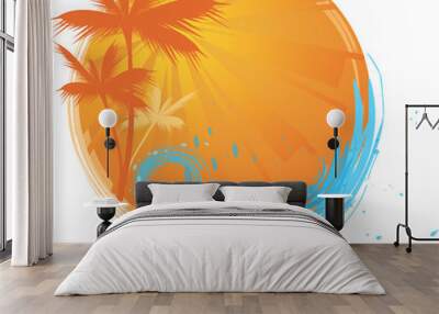 Round banner with palms and ocean's wave and water splash Wall mural