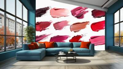 Set of various lipstick smudges on white background Wall mural