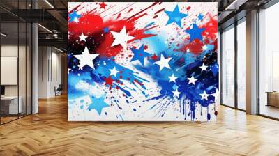 Watercolor splashes in red and blue colors with stars. USA national holiday concept background. Wall mural