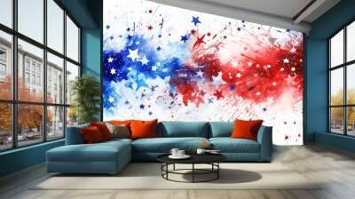 Watercolor splashes in red and blue colors with stars. USA national holiday concept background. Wall mural