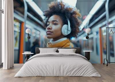 Young woman in headphones in the subway Wall mural