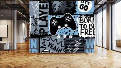 Abstract seamless chaotic pattern with urban graffiti words, scuffed and sprays, joystick game. Grunge texture background. Wallpaper for boys. Fashion sport style Wall mural