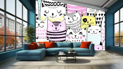 Abstract seamless pattern for little  girls with colorful funny cats. Fashion illustration in modern style. Bright print Wall mural