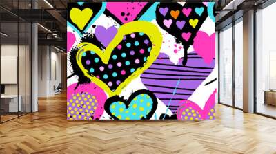 Abstract seamless pattern with hearts, urban elements, drops, brush, lines stars, sprays. Wallpaper for girls. Grunge background with neon colors hearts and spay paint Wall mural