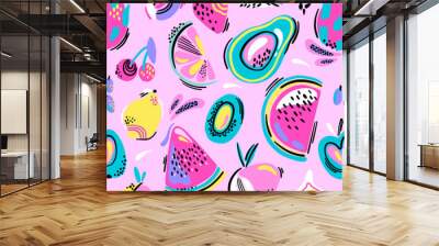 Fashion tropics funny wallpapers. Seamless pattern with fruits. Bright summer illustration.  Wall mural