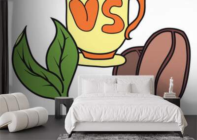 Tea leaves, cup and coffee beans Wall mural