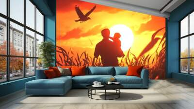 Father with child watching sunset Wall mural